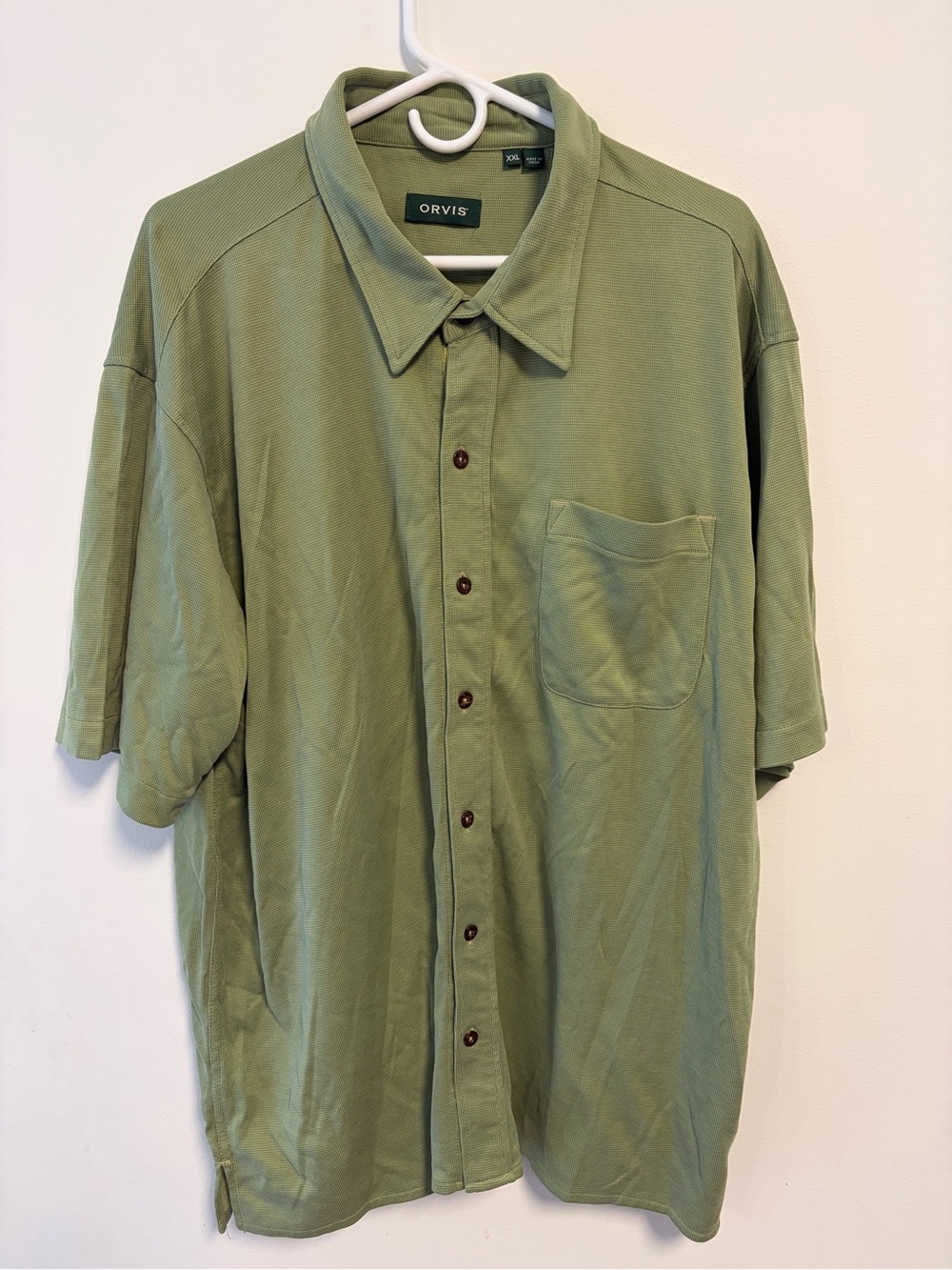 Orvis Men’s XXL Short Sleeve Button Front Textured Shirt Chest Pocket Green EUC
